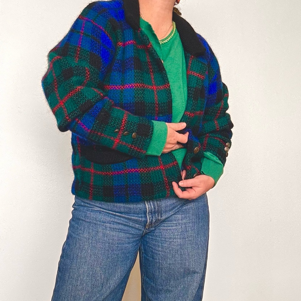 Vintage Blue, Green & Red Plaid Wool Cardigan Size L